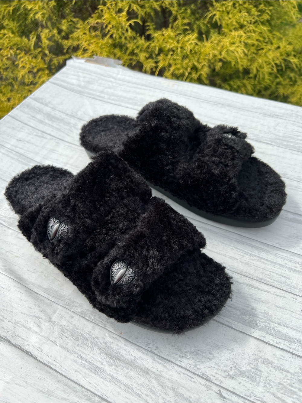 ALEGRIA CHILLERY Black Sherpa Orthotic Adjustable Straps Slip On Slides Sandals